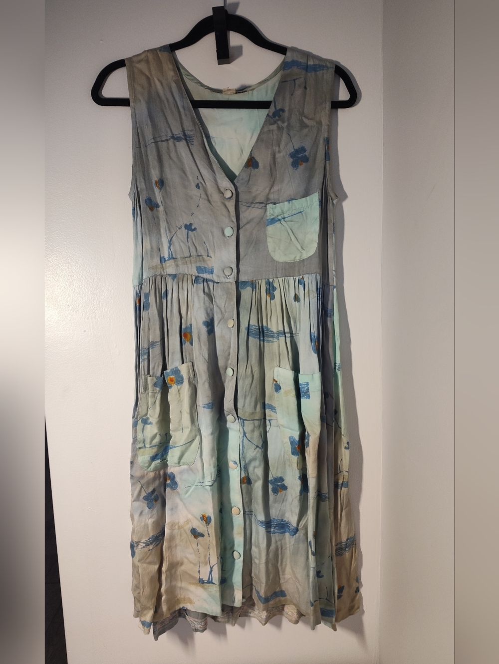 Sleeveless Midi Button-Front Dress in Light Blue and Gray #23